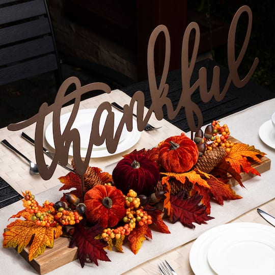 24" GlitzHome® Thankful Floral Tabletop Sign